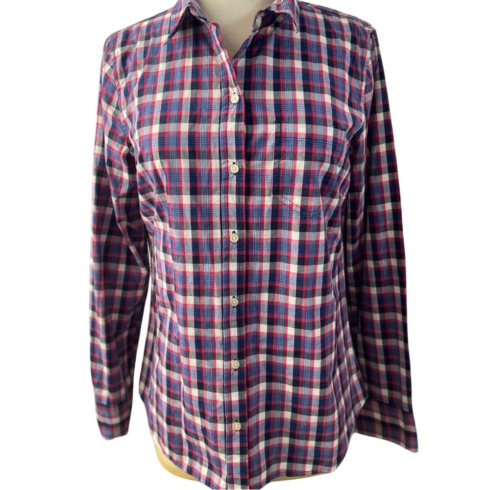 GAP Boyfriend Fit red blue white plaid crisp cotton long sleeve shirt size Small